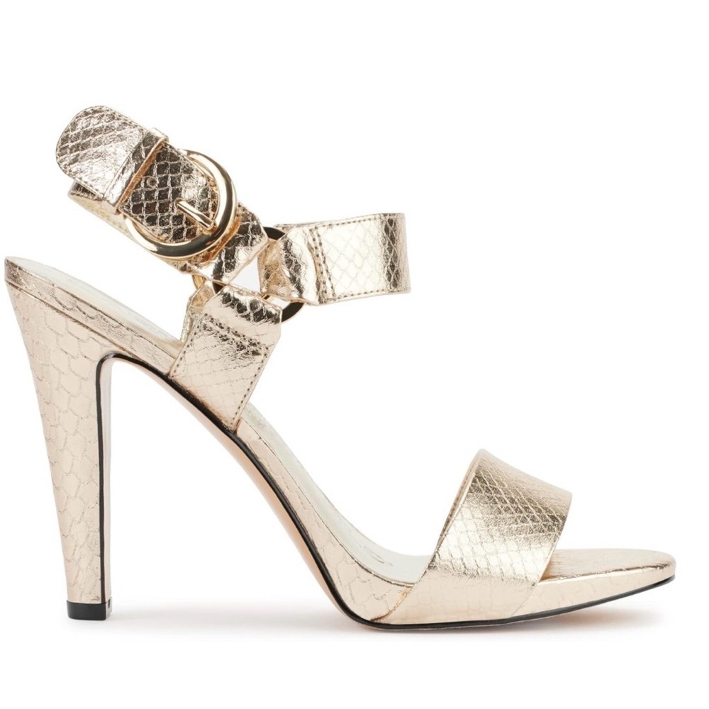 Karl Lagerfeld Cybil Evening Metallic Gold High Heel Sandals with Buckle Strap